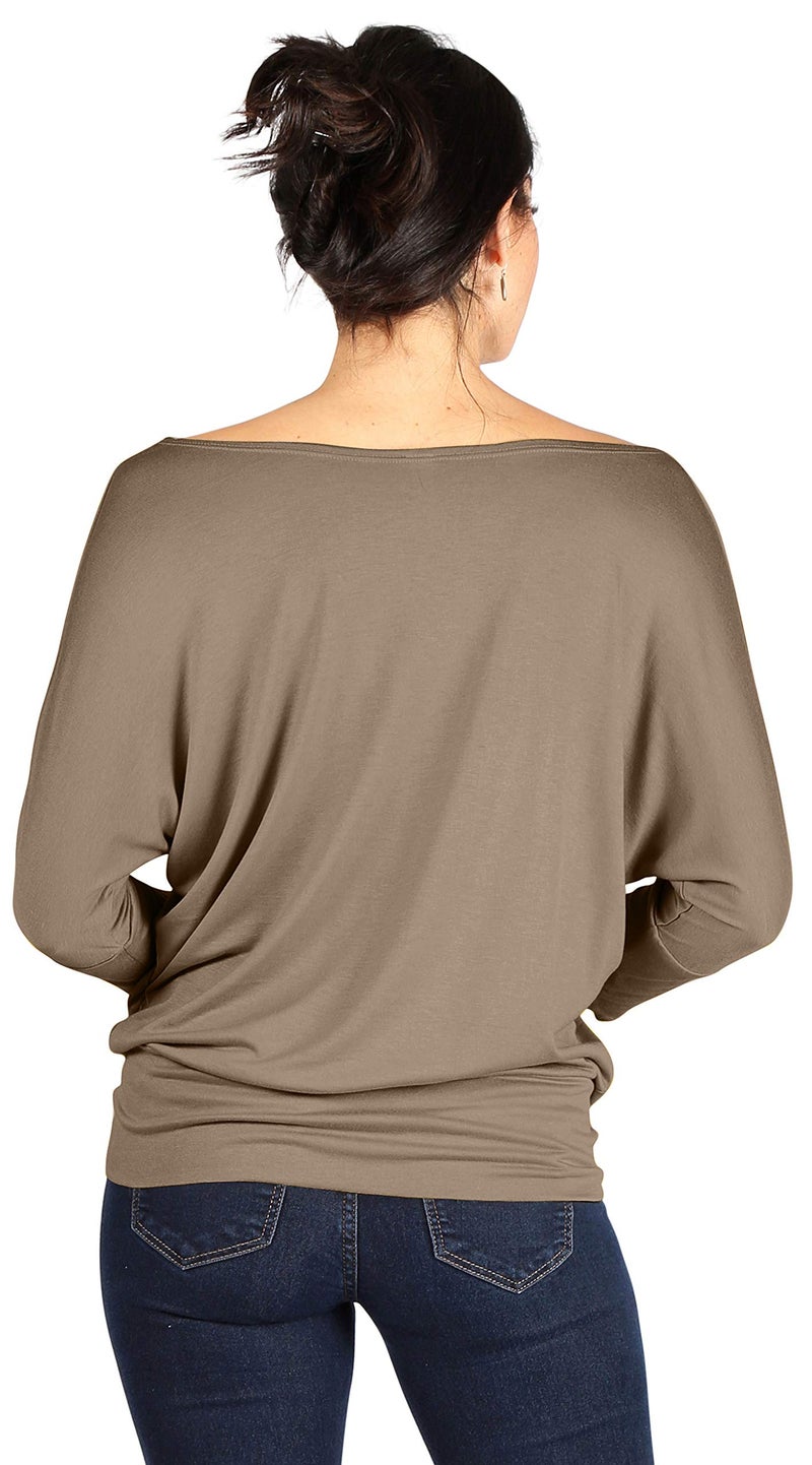 Simlu Womens Khaki Long Sleeve Shirt Khaki Round Neck Top Beige Dolman Top Boat Neck Tops for Women (Size X-Large, Khaki) - Image 3